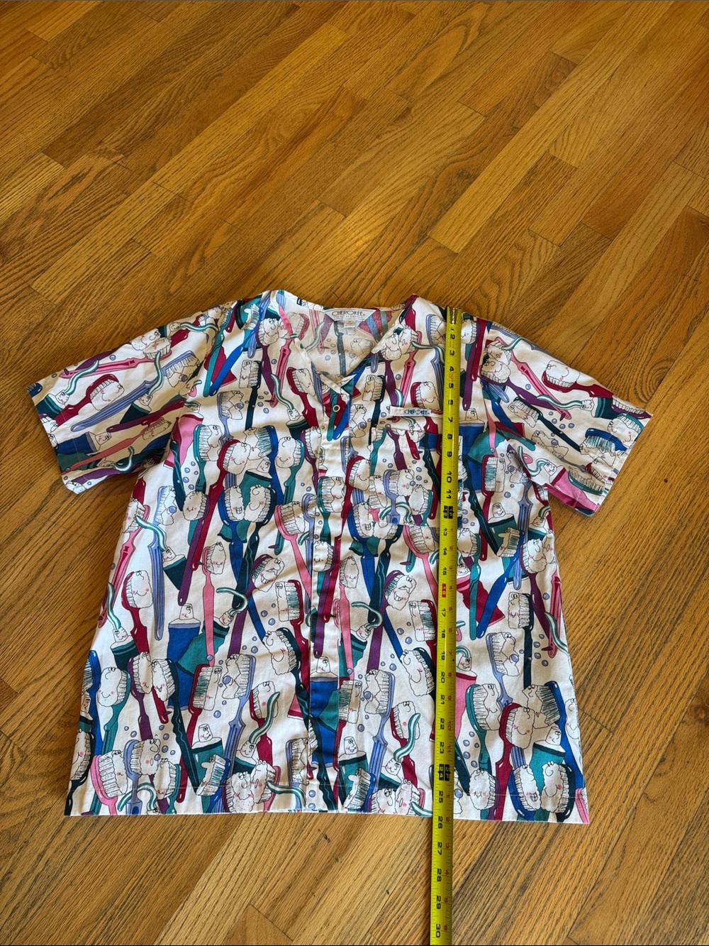 Cherokee Teal Red Blue Cream Novelty Button-Up Medium - Picture 5 of 7